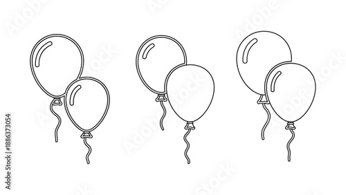 Simple black and white line art illustration depicting three separate pairs of festive balloons with trailing ribbons ready for a celebration or party graphic design