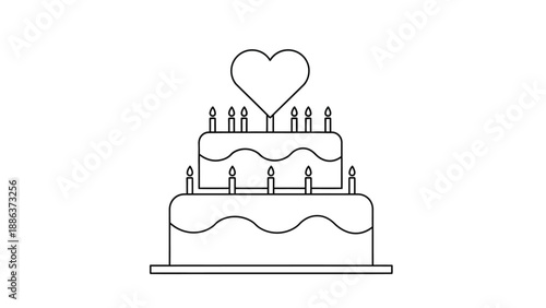 Simple line art icon graphic representing a tiered celebration cake adorned with multiple lit candles and a prominent heart shape on top for birthdays or anniversaries
