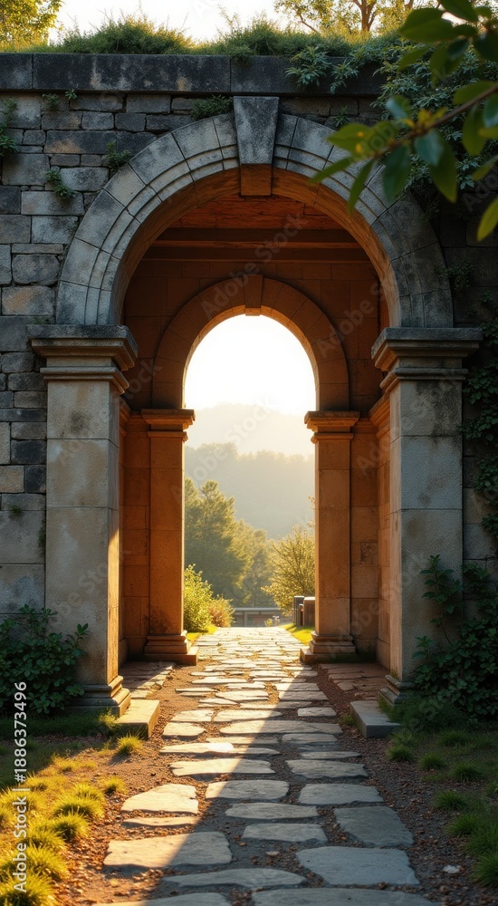 Fototapeta premium Doorway to a stone structure with a stone pathway leading to the sun