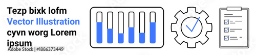 Bar graph with blue highlights, gear icon with checkmark, and checklist clipboard for tracking tasks. Ideal for data management, workflow, process improvement, planning, analysis, organization