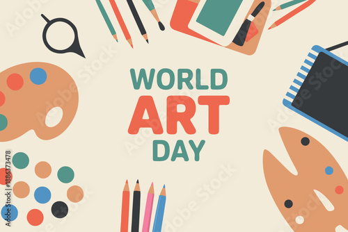 World Art Day Creative Illustration with Painting Tools and Art Supplies Background