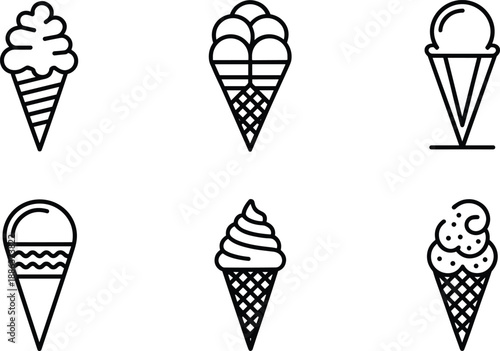 Five Different Types of Ice Cream Cones in Black and White Line