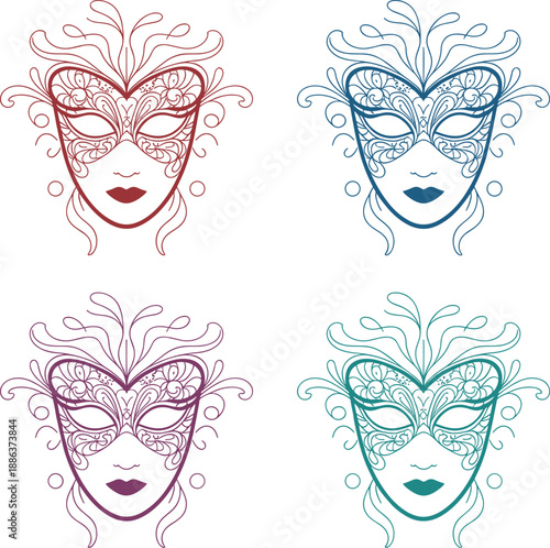 Four Colorful Ornate Masks with Feathers and Floral