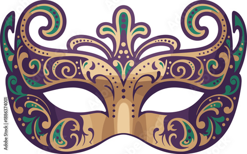 Ornate Purple Gold and Green Venetian Carnival Mask with Swirl Patterns