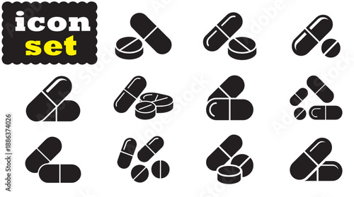 Pills Icon Set, Editable Solid Vector Illustration