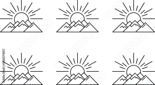 Six Sunrise Over Mountain Scenes Line mountains rays