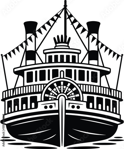 Steamboat with paddle wheel and smokestacks vintage