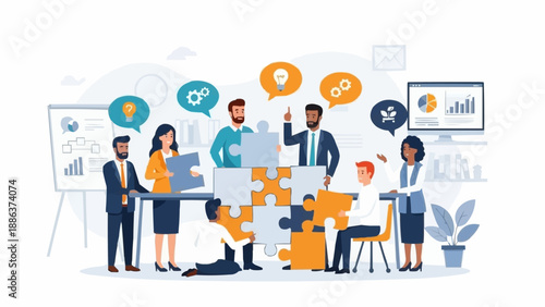 Diverse business team collaborating on a puzzle project.