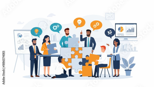 Diverse business team collaborating on a complex puzzle project together.