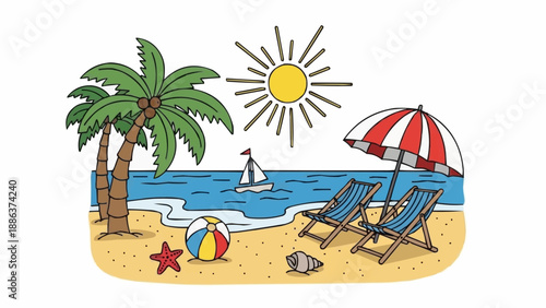 Tropical beach scene with palm trees and lounge chairs.