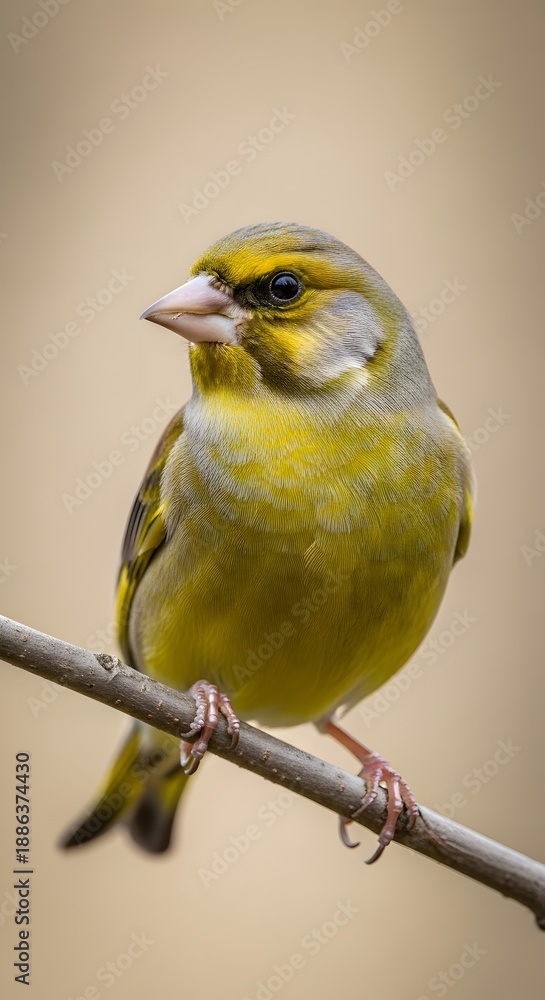 Fototapeta premium Photorealistic Chloris chloris greenfinch on twig, graceful songbird close up with crisp feather texture and shallow depth of field bokeh, professional editorial nature photography in high resolution 