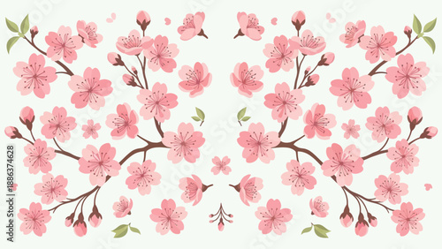 Cherry Blossom Branch Pattern, Pink Spring Flowers, Delicate Floral Design, Nature Illustration