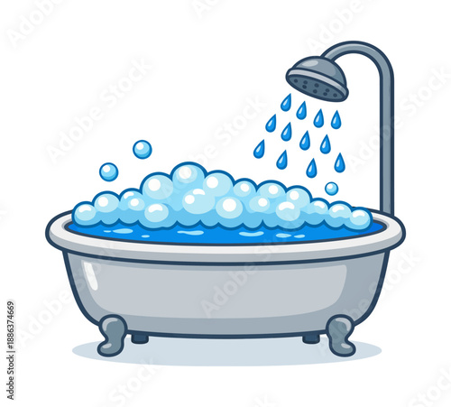 Bathtub filling with water and blue bubbles cartoon