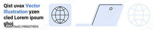 Global communication, digital connectivity, internet services, online education, remote work, technology usage. Laptop and globe icon with minimalist design. Global communication and digital