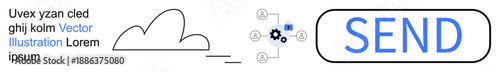 Cloud computing, data transfer, digital communication, file sharing, modern technology, online processes. Cloud with data flow and send button. Cloud computing and data transfer concept