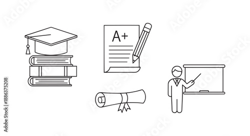Minimalist Education Line Icon Set Featuring Graduation Cap, Academic Success, and Teaching
