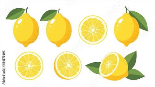 Collection of Fresh Yellow Lemons and Slices with Green Leaves, Citrus Fruit for Healthy Lifestyle