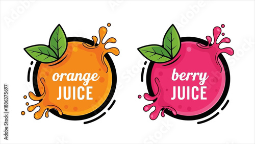Orange and Berry Juice Splash Logos with Leaves - Fresh Drink Labels