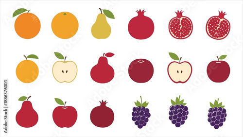 Collection of assorted fruits arranged in a grid pattern, showcasing vibrant colors and varied shapes