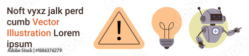 Technology, innovation, caution, safety, robotics, automation. A warning sign, light bulb and robot in a minimalist style. Technology and innovation through creative icons