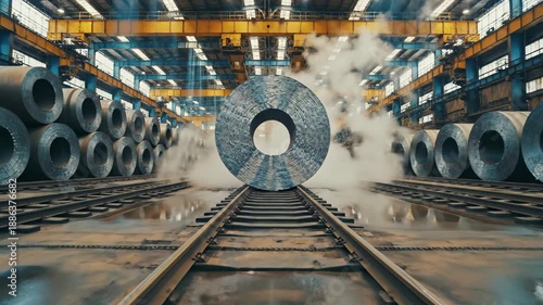 Massive steel coil on railroad tracks inside industrial steel mill with steam