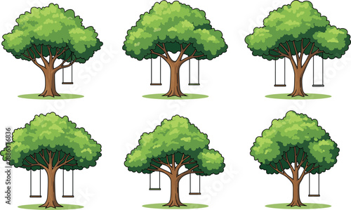 Set of green oak tree illustrations with empty rope swings hanging from branches isolated on white background for childhood nostalgia and summer leisure concept
