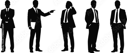 Set of professional businessman silhouettes in various poses including pointing and thinking isolated on white background for corporate leadership and office teamwork concept
