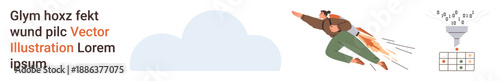 Business growth, innovation, marketing, data analysis, goal achievement, futuristic technology. A person with a rocket pack flies towards progress, alongside a data funnel and cloud design. Business