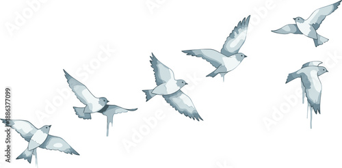 Artistic Illustration of a Flock of Birds Flying in the Sky with Watercolor Style Textures and Drip Effects Isolated on White Background for Design