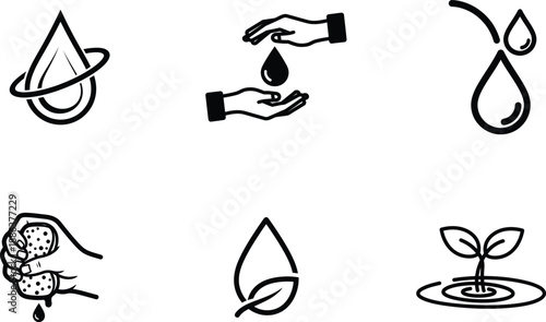 black and white illustrations of water droplets and hands  eco friendly concept