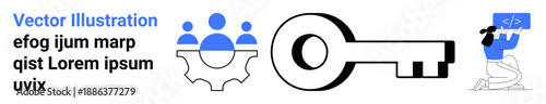Teamwork, security, software development, collaboration, problem-solving, technology. People figures over a gear, a key icon and a coding illustration. Teamwork and security concept