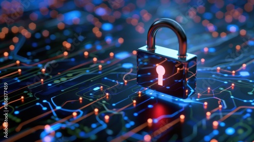 Wallpaper Mural Digital Padlock on Circuit Board with Glowing Connections and Data Flowing Lines in a Cybersecurity Concept Illustration Torontodigital.ca