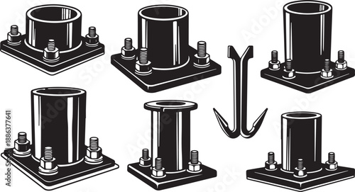Industrial metal hook and cylinder base hardware set