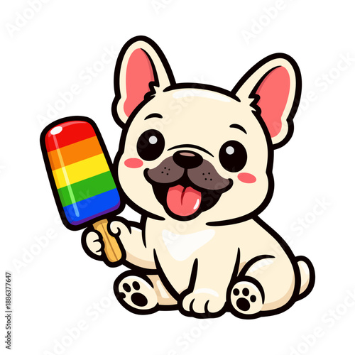 Kawaii style illustration of a French bulldog puppy depicting it happily holding a rainbow popsicle for summer