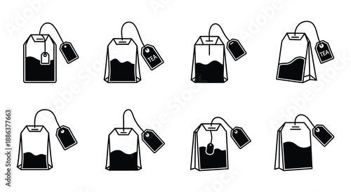 A collection of black and white tea bag illustrations in various stages