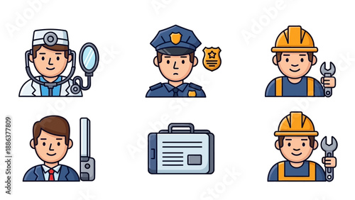 Collection of diverse professional occupation icons with distinct symbols.