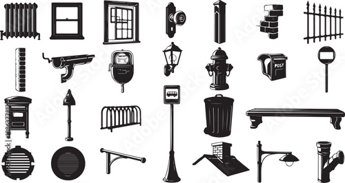 Urban City Street Furniture and Objects Silhouette Icons Set
