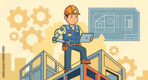 Construction worker engineer standing on building structure with blueprint and gears background
