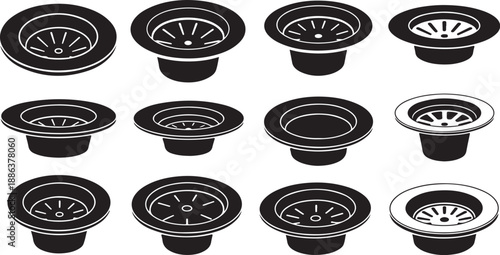 Collection of black and white sink drain covers illustration