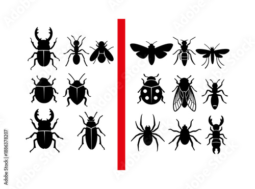 Minimalist silhouette insect set featuring stag beetle, ant, ladybug, and other common bugs for science education and pest control design
