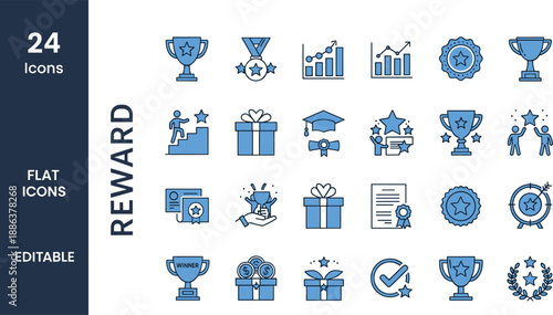 Reward flat icon set with trophies, medals, certificates, gifts, achievement stars and target symbols for success, motivation, competition, ranking and business performance.