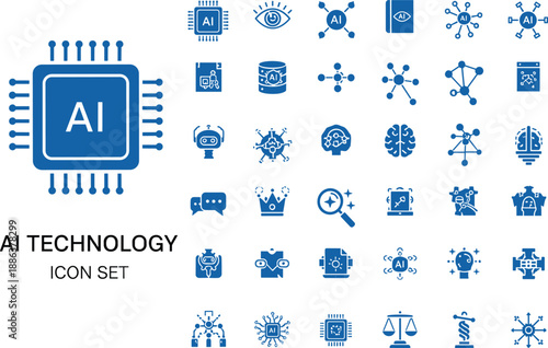 Modern AI technology icon set featuring artificial intelligence chip, neural network, machine learning, robotics, data analytics, automation, digital brain symbols for tech interface, app UI and web d