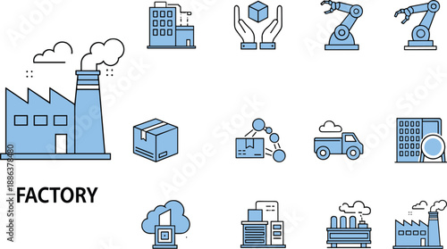 Factory industry flat icon set in editable blue style, manufacturing symbols for plant building, robotics arm, production box, logistics truck, analytics, warehouse, and automation