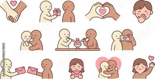Minimalist faceless couple character set depicting dating activities, hugging, taking selfie, and exchanging gifts - Vector Illustration.