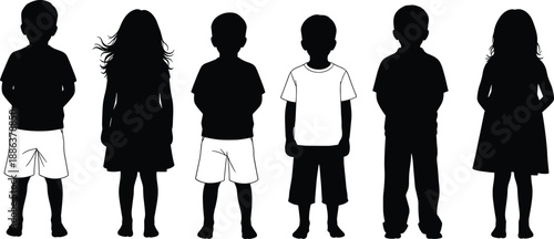 Black and white silhouettes of diverse children standing in a row representing childhood friendship, elementary education, youth community, social diversity, and kindergarten group.