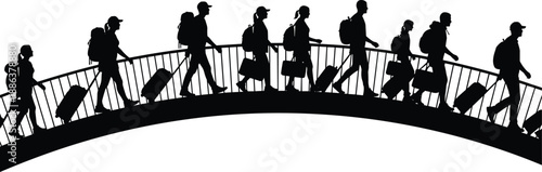 Silhouette of diverse group of people with luggage and backpacks walking across arched bridge representing global migration, international travel, refugees, and human movement.