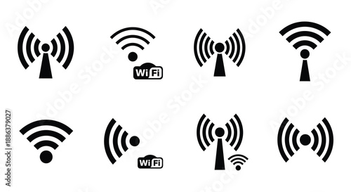 A collection of various black and white wifi signal strength icons displayed
