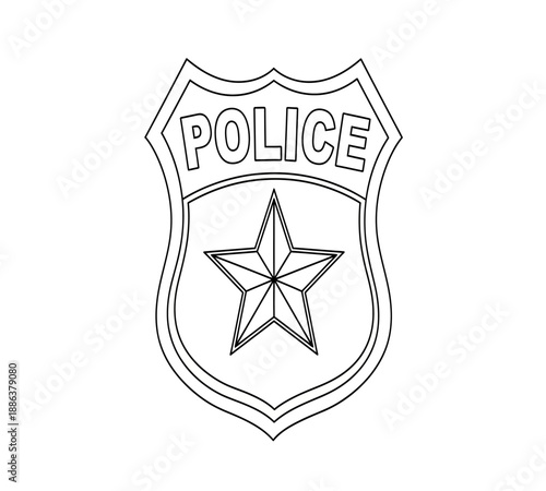 A detailed black and white outline of a police badge with a prominent star emblem