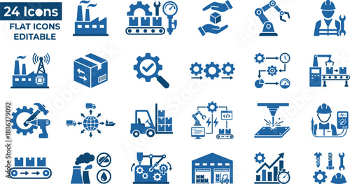 Industrial manufacturing flat icon set with 24 editable blue factory symbols for production, automation, logistics, robotics, quality control, maintenance, supply chain, and engineering