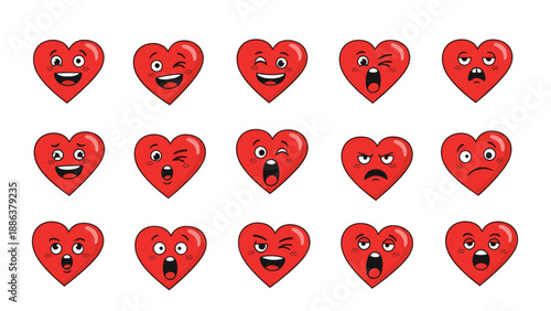 Collection of fifteen red heart emojis displaying various facial expressions including happy, sad, angry, surprised, and winking.